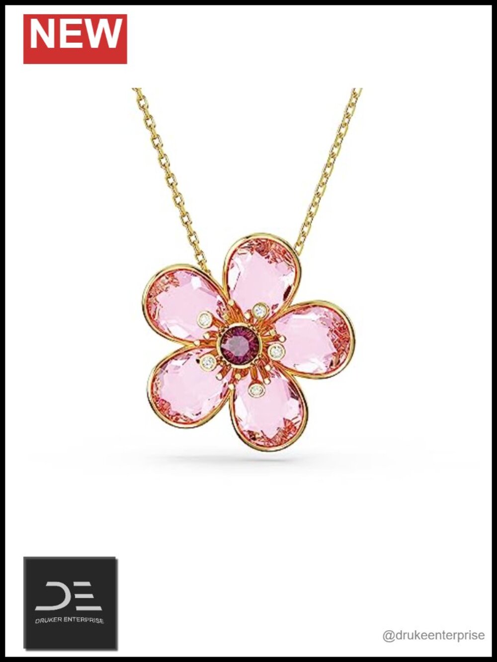 Floral Crystal Pendant Necklace Gold Tone Finished